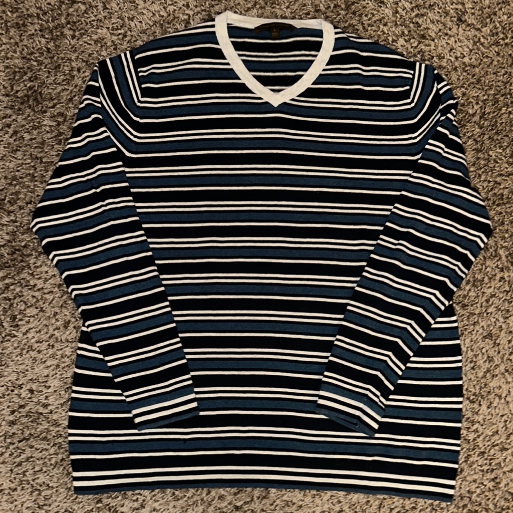 Sebastian Cooper Blue Black And White Stripped VNeck Sweater Sebastian Cooper Blue Black And White Stripped VNeck Sweater
